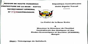 Témoignage officiel de satisfaction du Préfet de la Basse-Kotto à l'endroit du Directeur Général de l'ICASEES